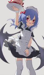 Rule 34 | 1girl, absurdres, alternate costume, annoyed, apron, arm up, bat wings, blue hair, blush, bow, dress, enmaided, eyebrows hidden by hair, fang, feet out of frame, grey background, hair between eyes, highres, holding, holding tray, maid, maid headdress, measho, open mouth, puffy short sleeves, puffy sleeves, red eyes, remilia scarlet, short sleeves, simple background, solo, standing, thighhighs, touhou, tray, v-shaped eyebrows, waist apron, white apron, white thighhighs, wings, wrist cuffs, zettai ryouiki