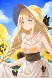Rule 34 | 1girl, bikini, bikini under clothes, blonde hair, blue eyes, braid, bug, butterfly, character name, closed mouth, dress, energy wings, english text, flower, hair flower, hair ornament, hat, highres, insect, long hair, looking at viewer, nomi (kurocxx110), rapunzel (sinoalice), see-through, see-through dress, sidelocks, sinoalice, sky, smile, solo, straw hat, summer, sundress, sunflower, swimsuit, twin braids, very long hair, yellow flower