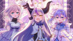 Rule 34 | 3girls, :d, arms up, black socks, blue eyes, blue hair, braid, collared shirt, commentary request, demon horns, double-parted bangs, dress, fang, french braid, grey hair, headpiece, holding, holding microphone, hololive, hololive idol uniform, horns, kaga sumire, la+ darknesss, long hair, long hair between eyes, looking at viewer, medium hair, microphone, multicolored hair, multiple girls, negodon, nijisanji, off-shoulder dress, off shoulder, open mouth, projected inset, purple hair, shirt, short hair, skin fang, smile, socks, stage, streaked hair, twintails, virtual youtuber, vspo!, waving, white dress, yuuki chihiro