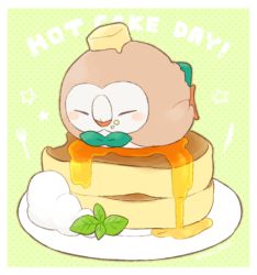 Rule 34 | !, ^ ^, bebe 0620, blush stickers, border, butter, closed eyes, cream, creatures (company), english text, food, food focus, food on face, food on head, game freak, gen 7 pokemon, green background, happy, honey, leaf, lying, nintendo, no humans, object on head, on stomach, pancake, pancake stack, plate, pokemon, pokemon (creature), pokemon sm, polka dot, polka dot background, rowlet, solo, star (symbol), white border