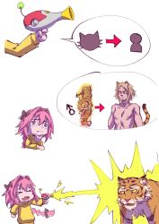 Rule 34 | 1boy, 1girl, absurdres, animal costume, animal ears, animal print, astolfo (fate), brown hair, fate (series), hej (mugmnm51), hej (pixiv13035031), highres, imagining, original, personification, short hair, solo, tail, tiger, tiger costume, tiger ears, tiger print, tiger tail, transformation, trap, yellow eyes