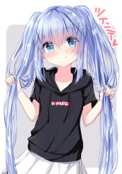 Rule 34 | 1girl, black hoodie, blue eyes, blue hair, blush, closed mouth, clothes writing, commentary request, drawstring, gochuumon wa usagi desu ka?, grey background, hair between eyes, hair ornament, highres, holding, holding own hair, hood, hood down, hoodie, kafuu chino, kouda suzu, long hair, pleated skirt, short hair, skirt, smile, solo, translation request, twintails, twintails day, two-tone background, very long hair, white background, white skirt, x hair ornament