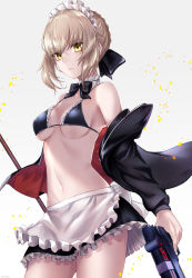 Rule 34 | 1girl, apron, artoria pendragon (alter swimsuit rider) (fate), artoria pendragon (alter swimsuit rider) (second ascension) (fate), artoria pendragon (fate), bad id, bad pixiv id, bare shoulders, bikini, bikini top only, black bikini, black bow, black bowtie, black jacket, black ribbon, black skirt, blonde hair, blush, bow, bowtie, braid, breasts, choker, closed mouth, collarbone, cowboy shot, expressionless, fate/grand order, fate (series), french braid, frilled apron, frilled bikini, frilled bikini top, frilled choker, frilled skirt, frills, gradient background, grey background, gun, hair between eyes, hair ribbon, highres, holding, holding gun, holding weapon, jacket, long sleeves, looking at viewer, maid, maid bikini, maid headdress, medium breasts, miniskirt, navel, off shoulder, open clothes, open jacket, pale skin, red jacket, ribbon, short hair, sidelocks, skirt, solo, standing, stomach, string bikini, swimsuit, unconventional maid, waist apron, weapon, white apron, white background, white choker, yellow eyes, yukihama