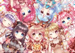 Rule 34 | 6+girls, :&gt;, :d, ;), ahoge, black hair, blonde hair, blue eyes, blue hair, blush, bow, bowtie, box, braid, brown hair, bunny headphones, candy, character request, chocolate, chocolate heart, circle formation, closed eyes, collarbone, fangs, food, gift, gift box, hair bow, hair ornament, hairband, hat, headphones, heart, hinabita, holding, holding hands, izumi ibuki, lolita hairband, long hair, long sleeves, looking at viewer, meu meu, mini hat, mini top hat, multiple girls, natsume asato, one eye closed, open mouth, outstretched arm, pink hair, polka dot, polka dot bow, puffy sleeves, purple hair, red eyes, ribbon, shinonome kokona, shinonome natsuhi, short hair, short sleeves, siblings, sisters, smile, sparkle, star (symbol), striped, striped bow, symbol-shaped pupils, top hat, twins, two side up, wrist ribbon, yellow eyes