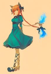 Rule 34 | 1girl, animal ears, arm belt, armband, arms behind back, blue fire, bow, bowtie, braid, breasts, cat ears, choker, cross-laced footwear, dress, fiery hair, fire, full body, green dress, hair bow, holding own arm, image sample, kaenbyou rin, kikugetsu, long hair, looking at viewer, mary janes, medium breasts, puffy sleeves, red eyes, red hair, shoes, simple background, smile, standing, touhou, twin braids, underbust, very long hair