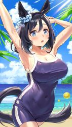 Rule 34 | 1girl, absurdres, animal ears, armpits, arms up, black hair, blue eyes, blue one-piece swimsuit, bob cut, bow, breasts, cleavage, covered navel, ear ornament, ear ribbon, ear scrunchie, eishin flash (umamusume), hair between eyes, highres, horse ears, horse girl, horse tail, large breasts, looking at viewer, mikumo (lpmkookm), one-piece swimsuit, open mouth, parted bangs, short hair, solo, swimsuit, tail, umamusume, wet, wet clothes, wet swimsuit