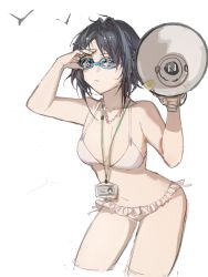 Rule 34 | 1girl, arknights, bikini, black hair, breasts, cleavage, duya (ehouhouohahaha), goggles, hand up, hands up, highres, id card, jewelry, la pluma (arknights), la pluma (summer flowers) (arknights), lanyard, looking at viewer, medium breasts, megaphone, navel, necklace, official alternate costume, short hair, simple background, solo, stomach, swimsuit, white background, white bikini