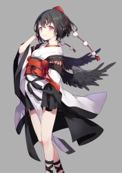 Rule 34 | 1girl, arm up, bird wings, black hair, black wings, blush, breasts, closed mouth, commentary request, cross-laced clothes, feathered wings, feet out of frame, grey background, hat, highres, japanese clothes, knees, kourindou tengu costume, large breasts, lips, long sleeves, looking at viewer, obi, obijime, pelvic curtain, pointy ears, pom pom (clothes), red eyes, risui (suzu rks), sash, shameimaru aya, short hair, simple background, smile, solo, standing, tokin hat, touhou, wide sleeves, wings