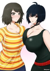 Rule 34 | 2girls, ahoge, asymmetrical docking, axel persona, blue hair, blush, breast press, breasts, choker, female focus, highres, huge breasts, jewelry, kawakami sadayo, looking at viewer, matching hair/eyes, multiple girls, necklace, parted lips, persona, persona 5, red eyes, short hair, takemi tae, upper body
