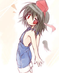 Rule 34 | 1girl, arms behind back, black hair, female focus, hat, looking at viewer, lowres, naked overalls, overall shorts, overalls, red eyes, shameimaru aya, short hair, sketch, solo, suspenders, tokin hat, touhou, wings