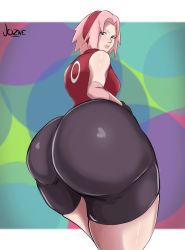Rule 34 | 1girl, artist name, ass, bare shoulders, bike shorts, black gloves, blush, curvy, female focus, from behind, gloves, green eyes, hairband, haruno sakura, highres, huge ass, jozne, lips, naruto, naruto (series), pink hair, short hair, sleeveless, solo, thick thighs, thighs, wide hips