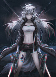 Rule 34 | 1girl, animal ears, arknights, bandeau, black coat, black shorts, blood, bloody weapon, breasts, closed mouth, coat, crop top, dark background, dual wielding, feet out of frame, grey eyes, highres, holding, holding sword, holding weapon, lappland (arknights), long sleeves, looking at viewer, material growth, medium breasts, navel, open clothes, open coat, oripathy lesion (arknights), scar, scar across eye, shorts, shumizoku, smile, solo, sword, weapon, white bandeau, white hair