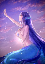 Rule 34 | 1girl, blue eyes, blue hair, breasts, cloud, cloudy sky, commentary request, commission, fins, head fins, highres, large breasts, long hair, mermaid, monster girl, open mouth, original, outstretched arm, shell, shell bikini, skeb commission, sky, solo, star (sky), starry sky, sunset, t misaomaru, very long hair, wet