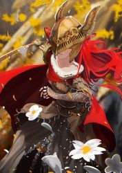 Rule 34 | 1girl, absurdres, armor, blade, breasts, cape, closed mouth, covered eyes, dress, elden ring, flower, gold armor, helmet, helmet over eyes, highres, holding, holding sword, holding weapon, long hair, looking at viewer, malenia blade of miquella, mechanical arms, panbalkon, prosthesis, prosthetic arm, red cape, red hair, simple background, single mechanical arm, solo, sword, valkyrie, very long hair, weapon, winged helmet