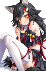 Rule 34 | 1girl, animal ear fluff, animal ears, bell, black hair, blush, cake, cake slice, eating, food, food on face, fork, fruit, hair ornament, hairclip, highres, holding, holding fork, hololive, kito koruta, licking lips, looking at viewer, midriff, multicolored hair, navel, ookami mio, ookami mio (1st costume), red hair, signature, sitting, solo, strawberry, strawberry slice, streaked hair, tail, thighhighs, tongue, tongue out, virtual youtuber, wolf ears, wolf girl, wolf tail, yellow eyes