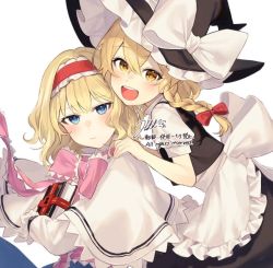 Rule 34 | 2girls, :d, alice margatroid, apron, black dress, blonde hair, blue eyes, blush, bow, braid, capelet, dress, hair between eyes, hair bow, hairband, hat, hat bow, jill 07km, kirisame marisa, lolita hairband, long hair, looking at viewer, multiple girls, open mouth, puffy short sleeves, puffy sleeves, red bow, sash, short hair, short sleeves, single braid, smile, touhou, waist apron, white apron, white bow, witch hat, yellow eyes