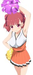 Rule 34 | 10s, 1girl, anima yell!, arm up, armpits, blunt bangs, blush, breasts, cheerleader, hair ribbon, hand on own hip, highres, looking at viewer, medium breasts, miniskirt, orange skirt, pleated skirt, pom pom (cheerleading), purple eyes, purple ribbon, red hair, ribbon, simple background, sincos, skirt, smile, solo, tank top, twintails, ushiku kana, white background