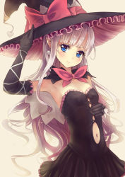 Rule 34 | 10s, 1girl, armpits, backlighting, black dress, blue eyes, bow, capelet, clothing cutout, culter, dress, elbow gloves, female focus, gloves, grey hair, hand on headwear, hat, hat bow, highres, long hair, looking at viewer, melty (shining hearts), navel, navel cutout, navel piercing, piercing, pointy ears, shining (series), shining hearts, smile, solo, strapless, strapless dress, very long hair, witch hat