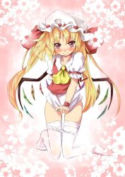 Rule 34 | 1girl, :&gt;, ascot, blonde hair, blush, bottomless, bow, embodiment of scarlet devil, female focus, flandre scarlet, floral background, floral print, flower, hair bow, hat, kneeling, long hair, no pants, no shoes, nyahu (nyahu 77), nyahu nyahu, panties, panty pull, red eyes, shirt tug, skirt, skirt tug, smile, solo, thighhighs, touhou, twintails, underwear, white panties, white thighhighs, wings, wrist cuffs