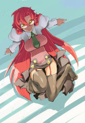 Rule 34 | 00s, 1girl, aged up, arm support, black skirt, black thighhighs, breasts, clothes lift, from above, garter straps, glasses, green necktie, long hair, long sleeves, looking at viewer, looking up, necktie, no shoes, parted lips, reclining, red hair, shirt, side slit, sitting, skirt, skirt lift, smile, solo, teacher, tengen toppa gurren lagann, thigh gap, thighhighs, very long hair, yellow eyes, yoko littner, yomako, zettai ryouiki