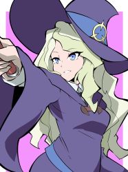 Rule 34 | 1girl, blonde hair, blue eyes, diana cavendish, dress, hat, highres, holding, holding wand, little witch academia, long hair, long sleeves, luna nova school uniform, one-hour drawing challenge, outstretched arm, purple background, purple dress, school uniform, smile, solo, synchroman, wand, wavy hair, witch hat