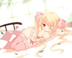 Rule 34 | 1girl, argyle, argyle clothes, argyle pillow, blonde hair, blush, bow, breasts, cleavage, closed mouth, cream, hair between eyes, hair bow, indoors, kurasuke, leaf, long hair, looking at viewer, lying, medium breasts, nipples, no bra, no panties, on bed, on side, one eye closed, original, pink bow, pink thighhighs, red eyes, solo, suggestive fluid, thighhighs, tsurime, twintails, very long hair