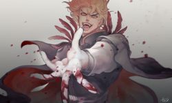 Rule 34 | 1boy, birthmark, blonde hair, blood, blood on hands, cape, dio brando, evil smile, fangs, feathers, foreshortening, gradient background, jojo no kimyou na bouken, male focus, open mouth, orange eyes, outstretched arm, signature, smile, solo, takashi (huzakenna), upper body
