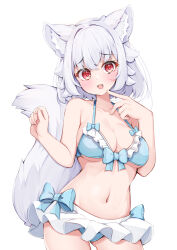 Rule 34 | 1girl, :3, :d, alternate costume, animal ear fluff, animal ears, bikini, blue bikini, blush, breasts, cleavage, collarbone, commentary request, contrapposto, cowboy shot, grey hair, hands up, index finger raised, inubashiri momiji, large breasts, looking at viewer, medium hair, navel, no headwear, open mouth, red eyes, rururiaru, simple background, smile, solo, swimsuit, tail, touhou, white background, wolf ears, wolf girl, wolf tail