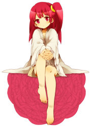Rule 34 | 1girl, bad id, bad pixiv id, barefoot, feet, own hands clasped, leg up, legs, magi the labyrinth of magic, morgiana, own hands together, red eyes, red hair, side ponytail, solo