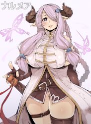 Rule 34 | 10s, 1girl, bad id, bad pixiv id, bare shoulders, belt, blush, breasts, curvy, draph, granblue fantasy, hair over one eye, heart, heart-shaped pupils, horns, huge breasts, kamaboko (ossann0125), large breasts, long hair, looking at viewer, narmaya (granblue fantasy), parted lips, pink background, pointy ears, purple hair, sideboob, simple background, smile, solo, standing, sword, symbol-shaped pupils, thick thighs, thighhighs, thighs, very long hair, weapon, white background, wide hips