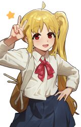 Rule 34 | 1girl, :d, absurdres, ahoge, arm up, backpack, bag, black skirt, blonde hair, blush, bocchi the rock!, bow, bowtie, brown bag, contrapposto, cowboy shot, hair ornament, hair scrunchie, hand on own hip, highres, ijichi nijika, long hair, long sleeves, open mouth, pleated skirt, red bow, red bowtie, red eyes, scrunchie, shirt, shirt tucked in, side ponytail, skirt, smile, solo, star (symbol), stoll (tmxhf), v, white shirt