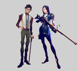 Rule 34 | 1boy, 1girl, arcane: league of legends, arcane caitlyn, armor, ascot, brown gloves, brown hair, brown pants, caitlyn (league of legends), cane, choker, closed mouth, commentary, english commentary, gloves, grey background, grey vest, gun, hand on own hip, highres, holding, holding gun, holding weapon, juliet sleeves, league of legends, long hair, long sleeves, looking at viewer, pants, puffy sleeves, red shirt, rifle, shirt, shoes, short hair, shoulder armor, simple background, snatti, sniper rifle, standing, vest, viktor (league of legends), weapon