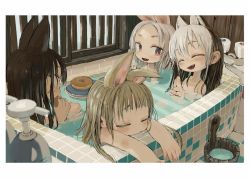Rule 34 | 4girls, :d, animal ears, bath, bathtub, black eyes, black hair, blonde hair, blurry, blurry foreground, bucket, closed eyes, depth of field, doughnut, dyed bangs, ear down, eating, ebimomo, fang, faucet, food, looking at another, multicolored hair, multiple girls, nude, open mouth, original, parted bangs, partially submerged, smile, soap bottle, two-tone hair, white hair