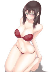 Rule 34 | 1girl, :o, bandeau, bikini, blush, breasts, brown hair, cleavage, kneeling, large breasts, long hair, looking at viewer, muffin (sirumeria), navel, original, red bikini, red eyes, simple background, solo, swimsuit, white background