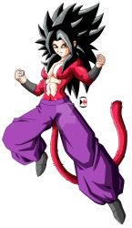 Rule 34 | 10s, 1girl, abs, alternate universe, bandeau, bare shoulders, black hair, breasts, caulifla, commentary, darkhameleon, dragon ball, dragon ball gt, dragon ball super, earrings, english commentary, fur, highres, jewelry, long hair, looking at viewer, medium breasts, midriff, monkey tail, muscular, navel, pants, smile, solo, spiked hair, strapless, super saiyan, super saiyan 4, tail, topless male, wristband, yellow eyes