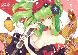 Rule 34 | 1girl, 2018, :3, :o, alternate costume, alternate hairstyle, bare shoulders, black flower, black hat, black kimono, blush, breasts, c.c., cheese-kun, cleavage, code geass, collarbone, creayus, floating hair, flower, green hair, hair flower, hair ornament, hair rings, hair stick, happy new year, hat, holding, holding staff, japanese clothes, kimono, long hair, long sleeves, medium breasts, new year, obi, off shoulder, open clothes, open kimono, paintbrush, parted lips, ponytail, red flower, sash, solo, staff, tsurime, upper body, yellow eyes