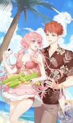 1girl absurdres bag beach bikini blush bow breasts cellphone day emiya_shirou fate/stay_night fate_(series) frilled_bikini frills gun hair_ornament handgun highres holding holding_gun holding_phone holding_water_gun holding_weapon igote innertube long_hair momomiya_shizuku non-web_source ocean open_mouth orange_hair original outdoors phone pink_eyes pink_hair plastic_bag red_hair ribbon shirt shopping_bag skirt smile super_soaker swim_ring swimsuit thighhighs twintails water water_gun weapon