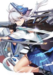 Rule 34 | 1girl, ahoge, azur lane, black cape, black gloves, blue skirt, blurry, cape, clenched teeth, commentary, cowboy shot, depth of field, detached sleeves, fox mask, glint, gloves, hair between eyes, highres, katana, lips, looking at viewer, mask, mask on head, medium hair, miniskirt, parted lips, pleated skirt, purple eyes, rigging, scabbard, sheath, shimotsuki shio, side cape, silver hair, simple background, single glove, skindentation, skirt, solo, sword, tassel, teeth, thigh strap, thighs, tosa (azur lane), turret, unsheathed, weapon, white background, wide sleeves