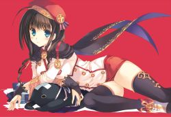 Rule 34 | 1girl, aquaplus, black thighhighs, blue eyes, blush, bridal gauntlets, brown hair, capelet, dungeon travelers 2, hat, long hair, long sleeves, melvy de florencia, mitsumi misato, official art, red background, simple background, smile, solo, thighhighs