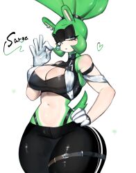 Rule 34 | 1girl, animal ears, bare shoulders, belt, black fur, black pants, blue eyes, breasts, candy, cleavage, cleavage cutout, clothing cutout, crop top, curvy, ear piercing, earrings, eyeshadow, food, furry, furry female, gloves, green fur, green hair, hand on own hip, heart, highres, jewelry, large breasts, lollipop, long hair, looking at viewer, makeup, midriff, navel, pants, piercing, quill, sonic (series), sonic the hedgehog (idw), surge the tenrec, tail, thick thighs, thigh belt, thigh strap, thighs, togetoge, white gloves, wide hips
