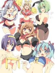 Rule 34 | 6+girls, ;d, ahoge, animal ears, animal hands, belt, blue eyes, blue hair, blush, bob cut, bow, breasts, cat ears, cat paws, character request, cheerleader, cleavage, closed eyes, copyright request, covering nipples, covering privates, elbow gloves, fang, front-tie top, fur trim, gloves, green eyes, green hair, hair bow, hairband, hat, leotard, light brown hair, long hair, midriff, multiple girls, navel, neneko-n, one eye closed, open mouth, pantyhose, playboy bunny, pom pom (cheerleading), pom pom (clothes), purple eyes, purple hair, rabbit tail, ribbon, santa costume, santa hat, short hair, sideboob, silver hair, skirt, smile, sweatdrop, tail, topless, twintails, two side up, underboob, wrist cuffs