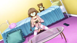 Rule 34 | 1girl, :3, :i, bed, bed sheet, bedroom, bespectacled, braid, brown hair, brown shirt, choker, cocoa (phantom breaker), controller, dutch angle, expressionless, eyebrows, frilled pillow, frills, game cg, game controller, glass table, glasses, holding, indoors, knees together feet apart, non-web source, on floor, opaque glasses, phantom breaker, pillow, pink sweater, playing games, red shirt, remote control, shirt, shorts, sitting, solo, striped clothes, striped thighhighs, stuffed animal, stuffed toy, suzuhira hiro, sweater, table, teddy bear, thighhighs