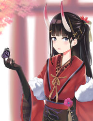 Rule 34 | 1girl, azur lane, black gloves, black hair, blue eyes, blunt bangs, blush, bug, butterfly, butterfly on hand, cherry blossoms, commentary request, elbow gloves, flower, gloves, hair flower, hair ornament, hairclip, hairpin, hime cut, horns, inflameys, insect, japanese clothes, kimono, looking at viewer, new year, noshiro (azur lane), noshiro (uncharted festival grounds?) (azur lane), obi, oni horns, open mouth, red kimono, sash, smile, solo, straight hair, torii, wide sleeves