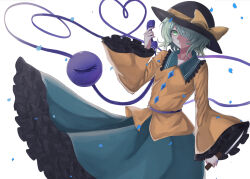 Rule 34 | 1girl, black hat, bow, closed mouth, commentary request, frilled skirt, frills, green eyes, green hair, green skirt, hair over one eye, hat, hat bow, heart, heart of string, highres, holding, holding knife, holding phone, knife, komeiji koishi, kuro wa shinoru, long sleeves, looking at viewer, petticoat, phone, shirt, simple background, skirt, solo, third eye, touhou, white background, wide sleeves, yellow bow, yellow shirt