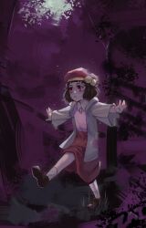 Rule 34 | abstract background, absurdres, brown hair, expressionless, grey jacket, highres, jacket, milk-chan (milk series), milk inside a bag of milk inside a bag of milk, outstretched arms, pale skin, pink shirt, purple background, red eyes, red headwear, red skirt, shirt, skirt, zaigrandeu