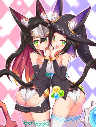 Rule 34 | 2girls, animal ears, ass, ass cutout, bare shoulders, black hair, blush, breast press, breasts, cat ears, cat tail, clothing cutout, come hither, cougar (cougar1404), detached sleeves, embarrassed, forehead protector, from behind, green eyes, hat, interlocked fingers, levilina (cougar1404), long hair, looking at viewer, medium breasts, multicolored hair, multiple girls, naughty face, open mouth, original, panties, purple hair, red hair, rubirina (cougar1404), shiny clothes, shiny skin, short hair, short shorts, shorts, sideboob, small breasts, smile, tail, thighhighs, underwear, very long hair, wedgie