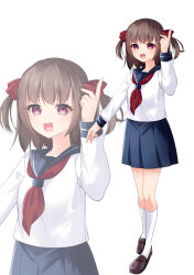 Rule 34 | 1girl, :d, arm up, blue sailor collar, blue skirt, bow, breasts, brown footwear, brown hair, clip studio paint (medium), commentary request, hair bow, highres, index finger raised, kneehighs, loafers, long sleeves, looking at viewer, misaki (misaki86), open mouth, original, pleated skirt, purple eyes, red bow, sailor collar, shirt, shoes, simple background, skirt, small breasts, smile, socks, solo, standing, two side up, white background, white shirt, white socks, zoom layer