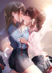 Rule 34 | 2girls, absurdres, black skirt, blue shirt, blush, box, braid, brown hair, chocolate, curtains, dress shirt, earrings, gift, gift box, half-closed eyes, hands on another&#039;s face, highres, indoors, jewelry, kiss, kneeling, long hair, looking at another, low twin braids, low twintails, medium hair, miniskirt, mouth hold, multiple girls, original, pink shirt, pleated skirt, shared food, shirt, skirt, straddling, stud earrings, sunlight, touki matsuri, twin braids, twintails, valentine, wind, yuri