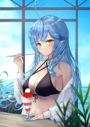 Rule 34 | 1girl, :o, absurdres, ahoge, bare shoulders, bikini, black bikini, blouse, blue hair, blue nails, blue sky, blush, breasts, cleavage, commentary request, day, elf, food, halterneck, has bad revision, has downscaled revision, heart, heart ahoge, highres, hololive, huge filesize, ice cream, ice cream spoon, large breasts, long sleeves, looking at viewer, md5 mismatch, multicolored hair, nail polish, off shoulder, open clothes, open shirt, outdoors, parted lips, pointy ears, resolution mismatch, see-through, shirt, sky, solo, source smaller, spoon, streaked hair, sundae, sunlight, swimsuit, virtual youtuber, white shirt, xyunx, yellow eyes, yukihana lamy