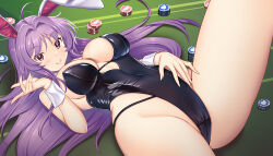 Rule 34 | 1girl, animal ears, blush, breasts, cameltoe, casino, casino card table, cleavage, grin, hataraki kuma, large breasts, leotard, long hair, looking at viewer, lying, on back, poker chip, purple eyes, rabbit ears, reisen udongein inaba, smile, table, thick thighs, thighs, touhou, very long hair, wrist cuffs